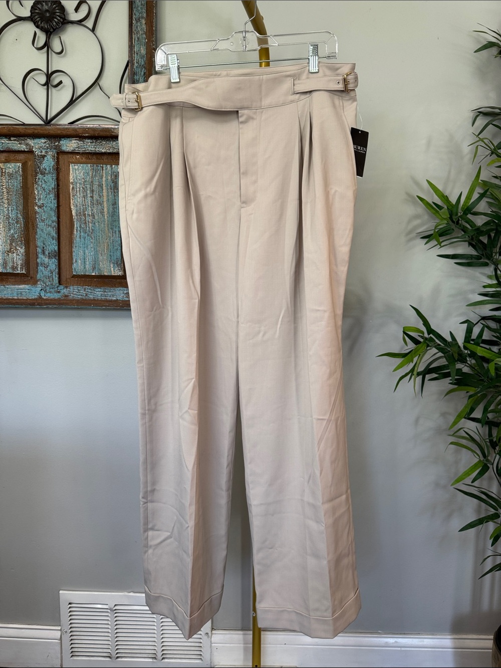 Ralph Lauren Wide-Leg High-Waist Pants — Light Beige NEW 16